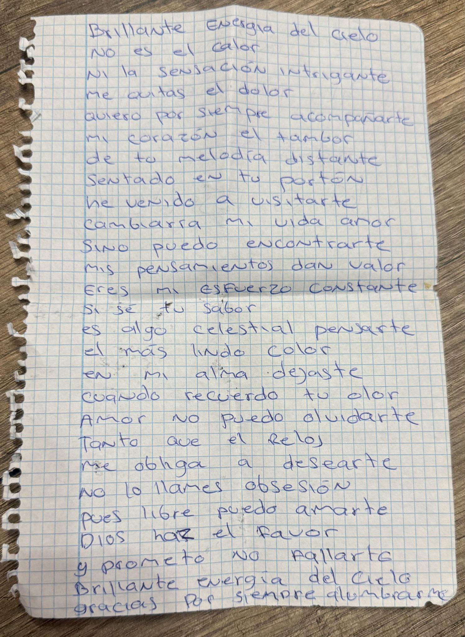 Página manuscrita de la poesía que un interno del Centro Penitenciario Puig de les Basses me dedicó tras la charla.