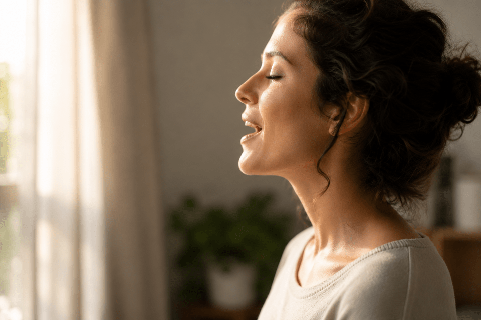 Mujer joven de perfil con los ojos cerrados y la boca ligeramente abierta. Parece estar cantando o vocalizando, con expresión relajada y serena.